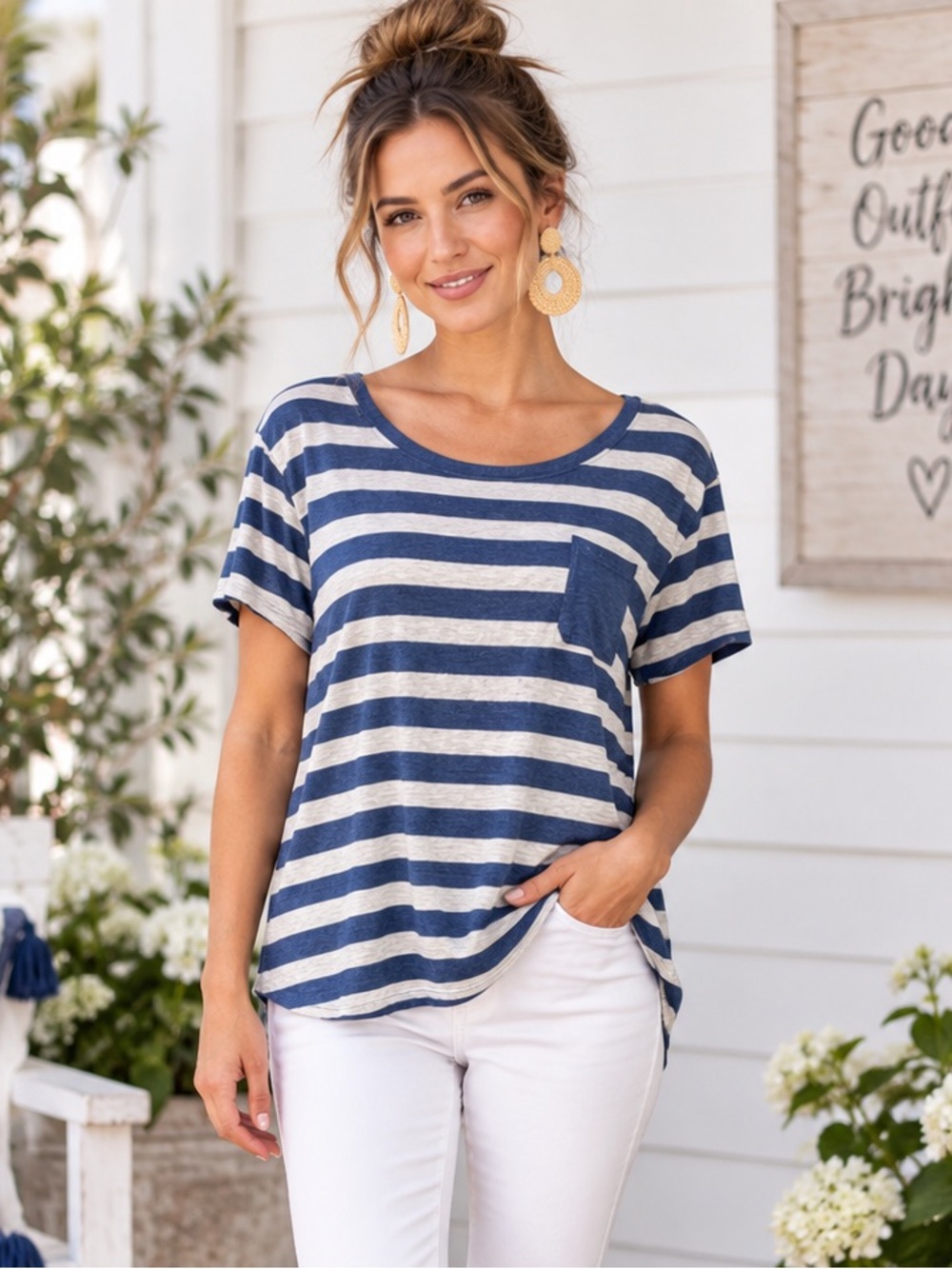 Natural Reflections Blue Striped Pocket Top XL Casual Tee